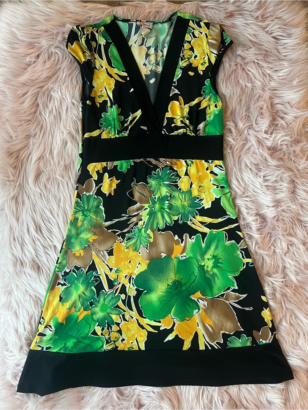 Y2K Vintage Lipstick Boutique Black Dress with Green & Yellow Floral Print